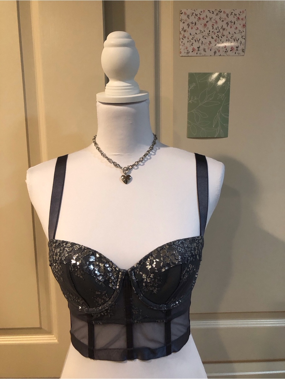 Victoria's Secret Charcoal Sequin Lace Longline Bralette